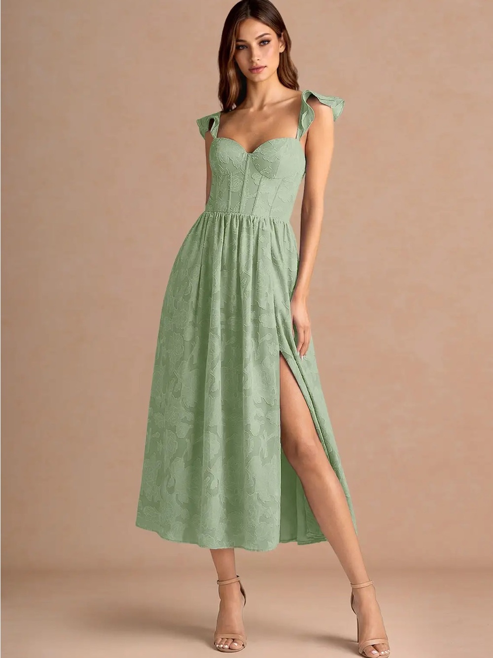 Azazie Mint Green Floral Corset Midi Dress